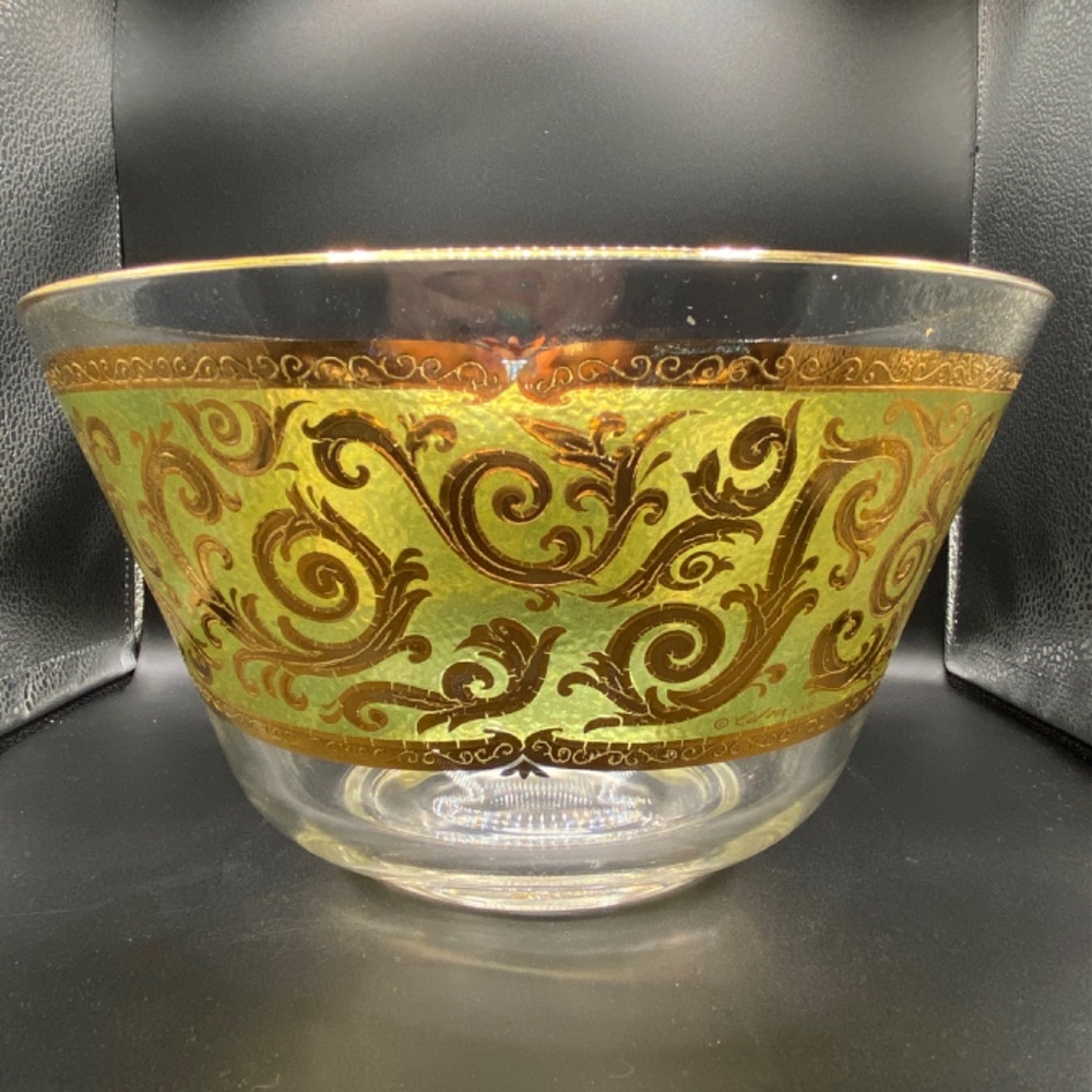 Carver punchbowl + 10 footed glasses "Toledo" green and 22k gold VTG MCM 50's US